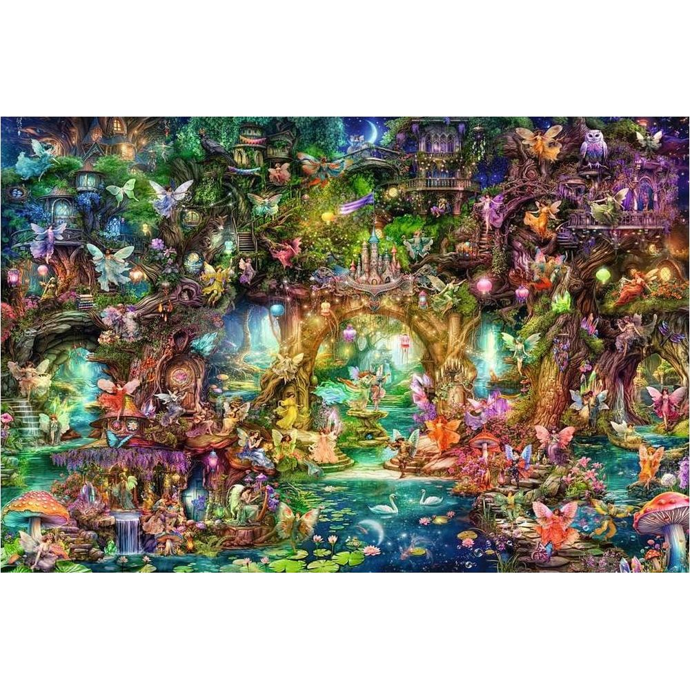 Fate danzano in una foresta incantata con cascate, funghi e luci splendenti.