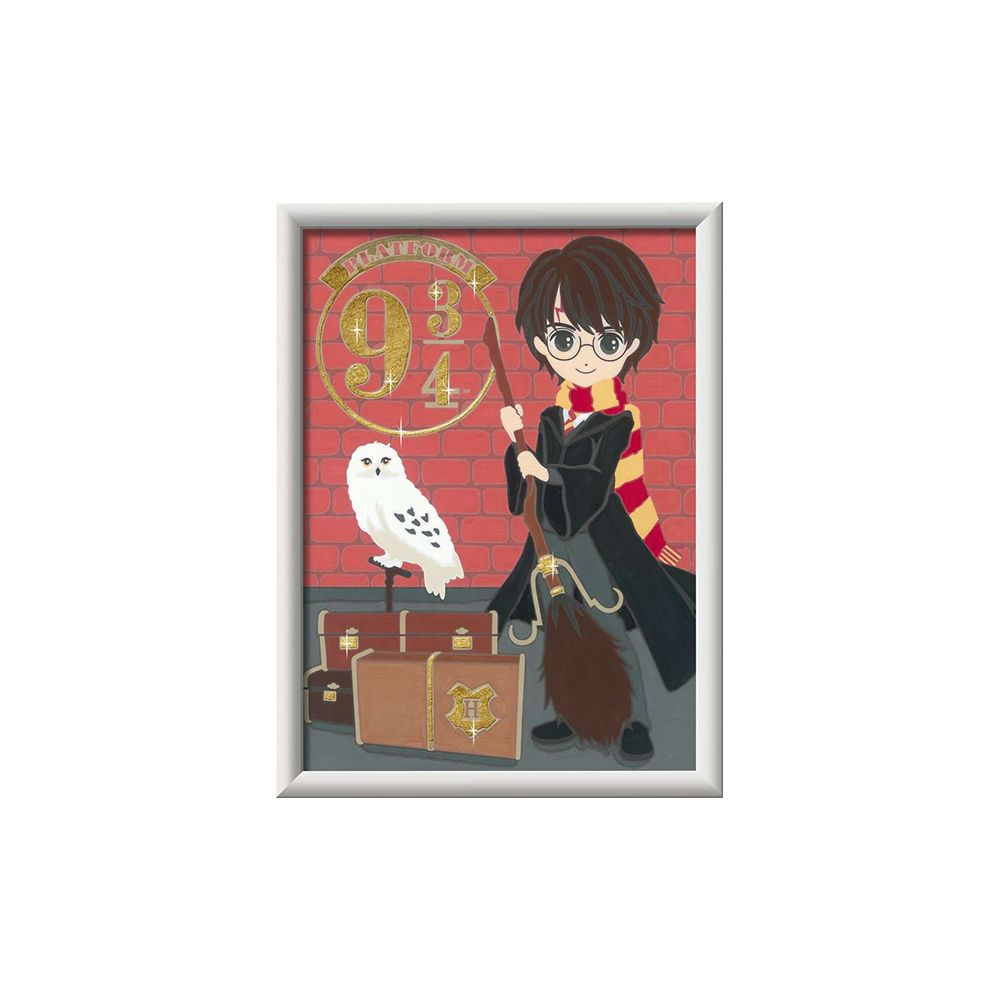 Harry Potter mit Eule und Besen vor Gleis 9 3/4 und Koffern.