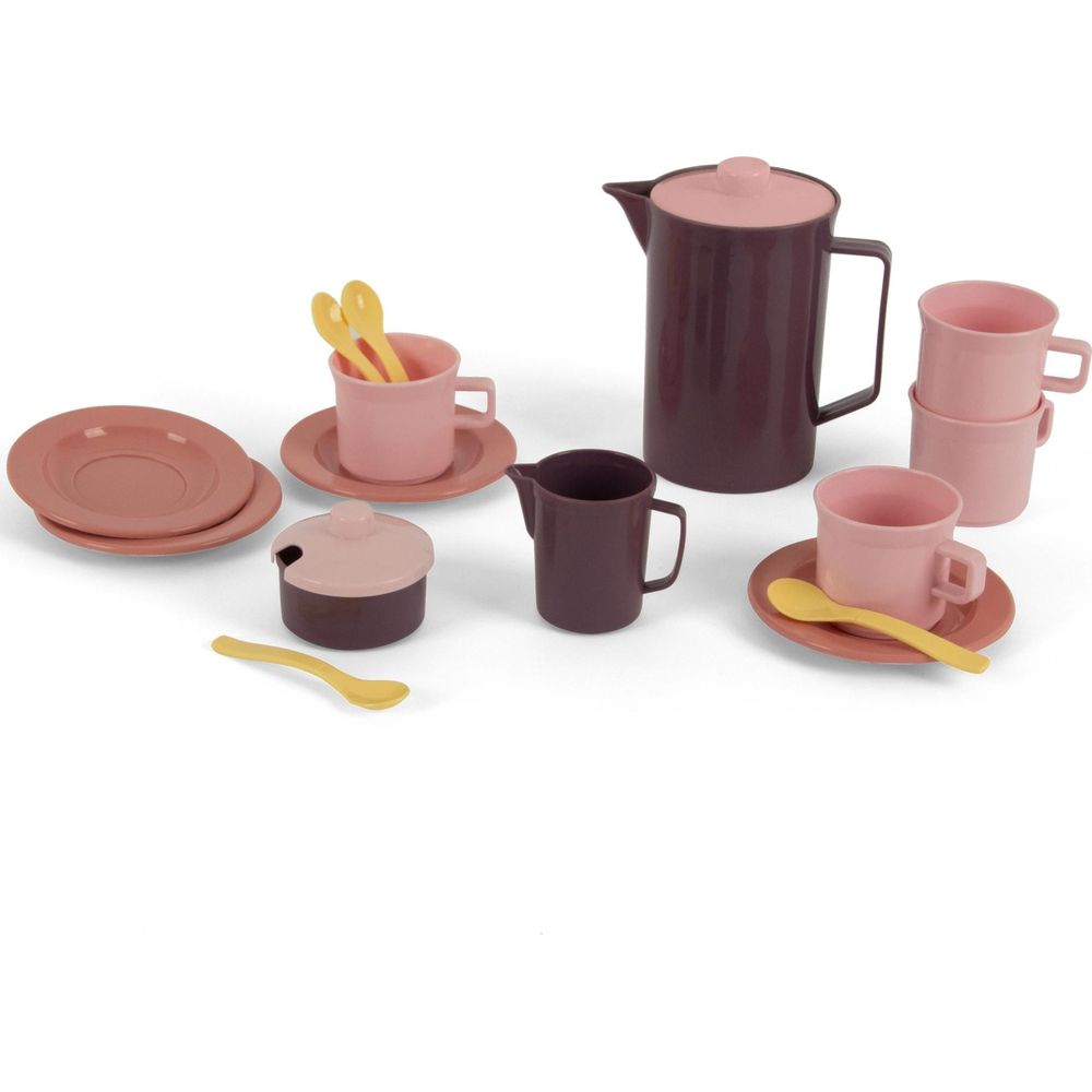 Ein Spielzeug-Kaffeeservice mit Bechern, Kannen und Tellern in Rosa und Braun.