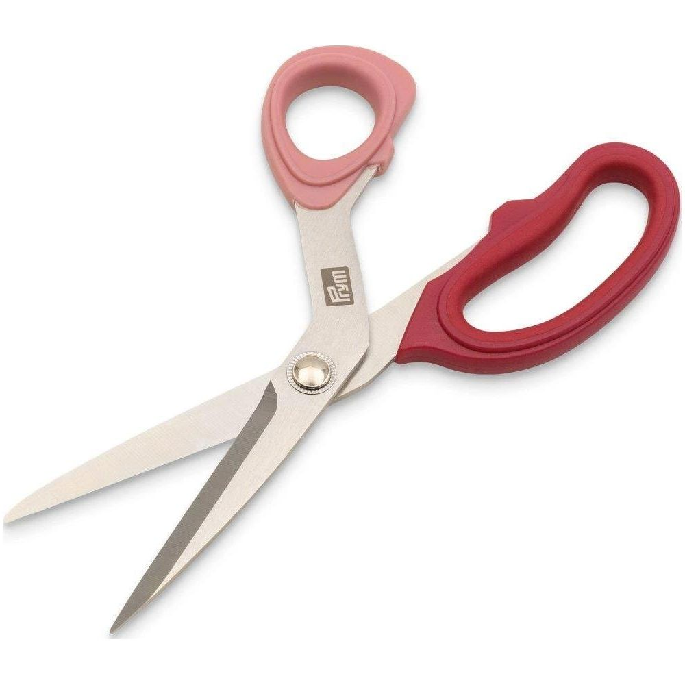 Eine Schere mit roten und rosa Griffen und silbernen Klingen.