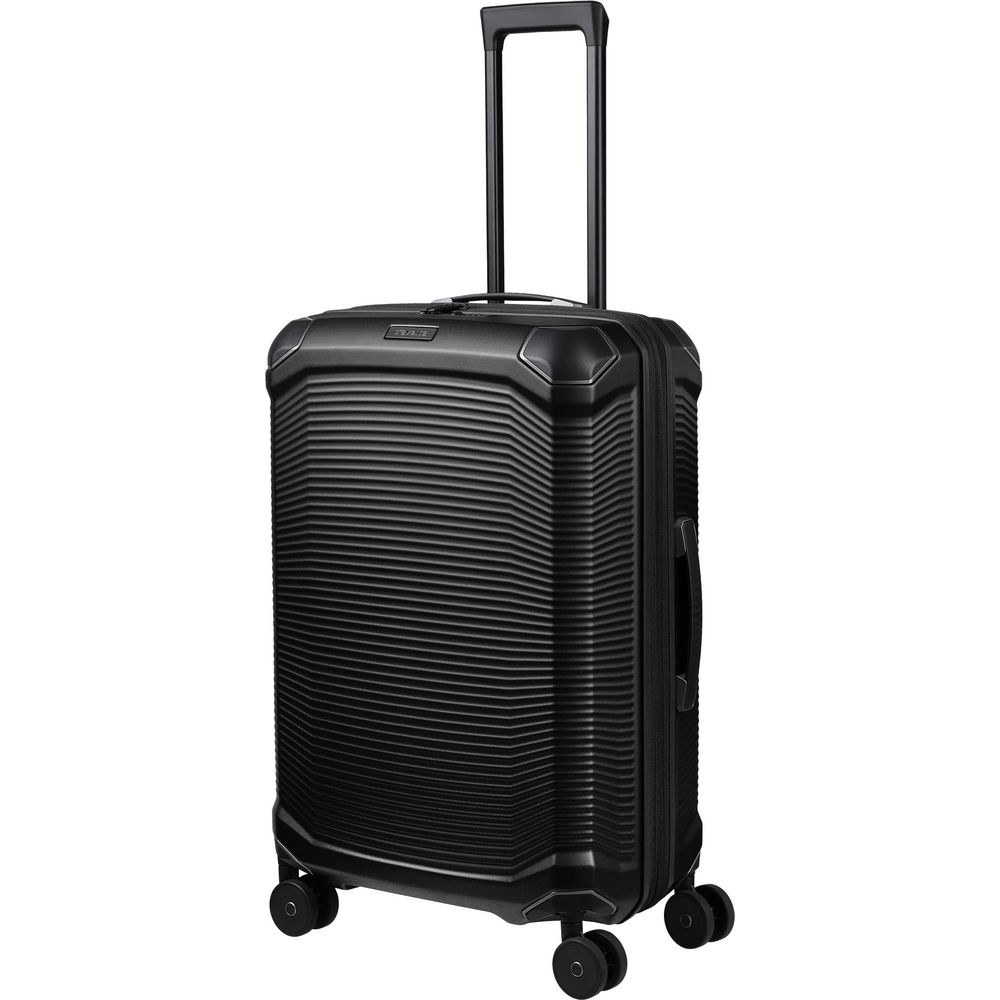 Schwarzer Rollkoffer mit ausziehbarem Griff und vier Rädern.