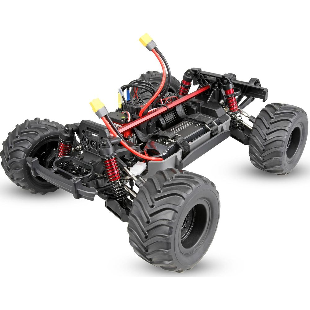 Ein schwarzer RC-Monster-Truck mit roten Stoßdämpfern und gelben Steckerverbindungen.