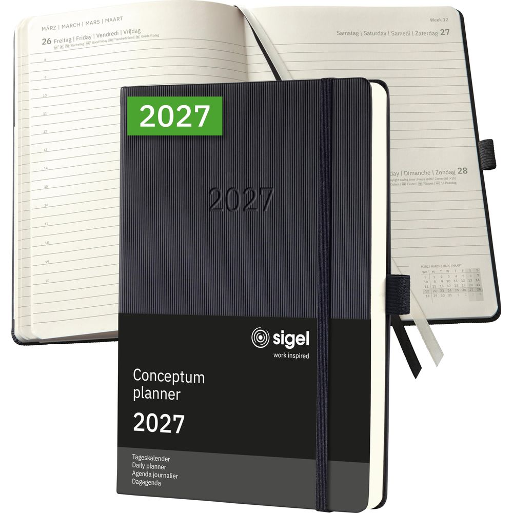 Ein dunkelblauer Terminplaner 2027 mit gerippter Oberfläche liegt offen auf einem aufgeschlagenen Kalenderblatt.