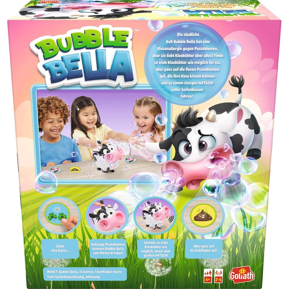 Boîte de jeu : Enfants jouant avec une figurine de vache, des bulles et des trèfles.