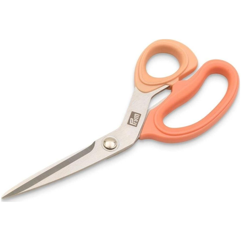 Eine orangefarbene Schere mit silbernen Klingen und einem Logo.