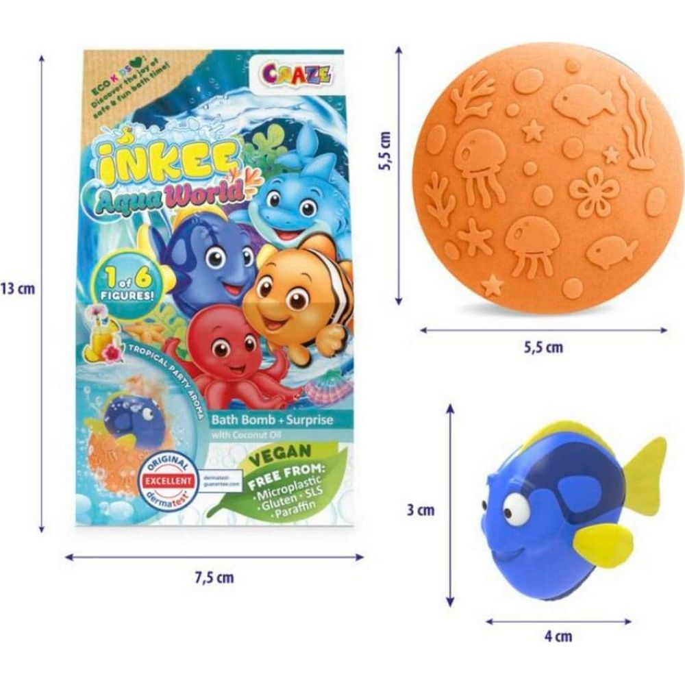Badebombe mit Überraschung, Seetierfiguren, orangefarbene Kugel mit Prägungen.