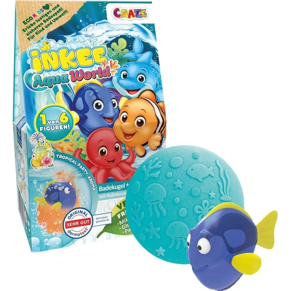 Badezimmer-Spielzeug: Ein blauer Fisch, eine Badekugel mit maritimen Motiven und Verpackung.