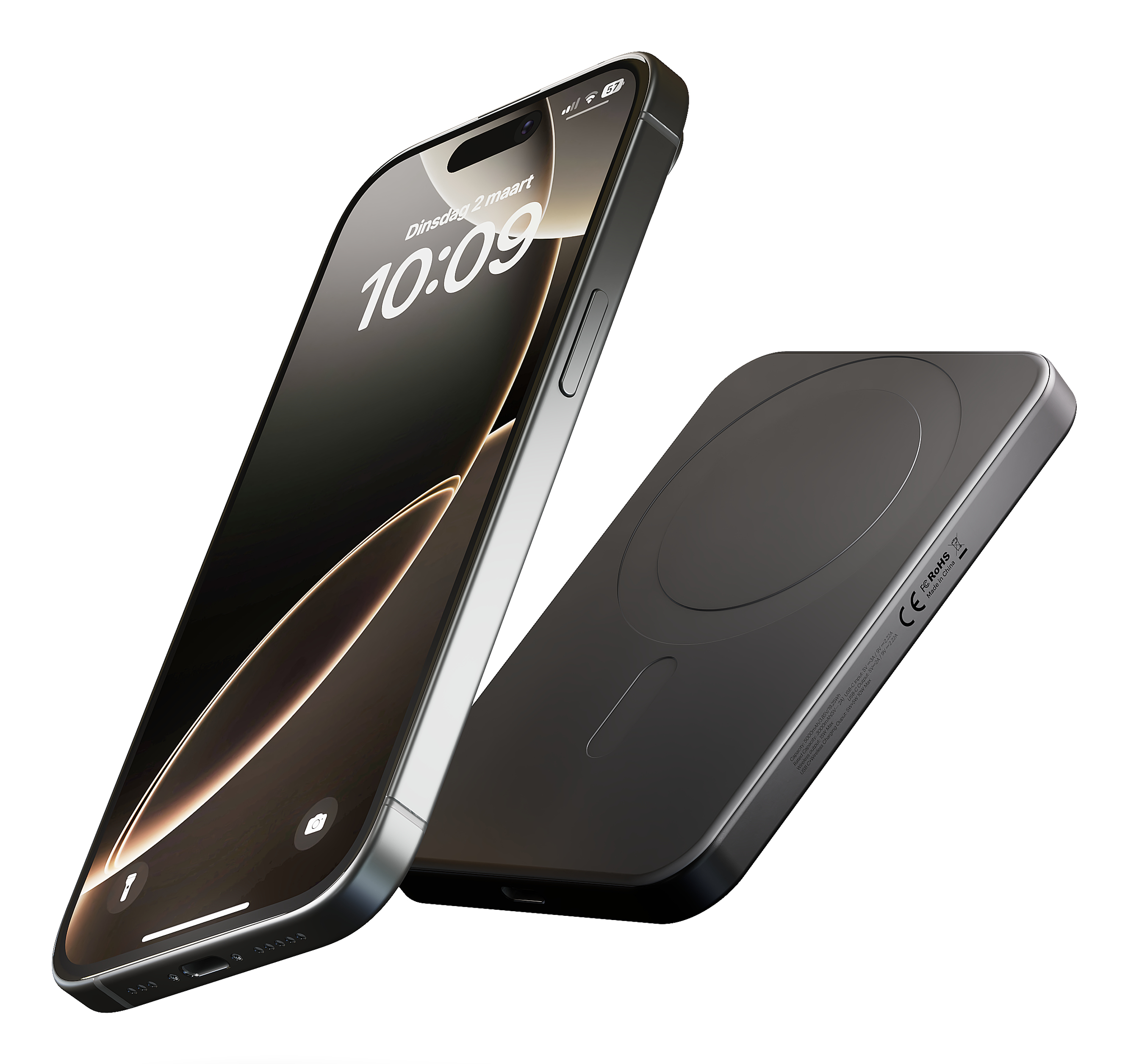 Ein silbernes Smartphone liegt neben einem schwarzen kabellosen Ladegerät auf weißem Hintergrund.