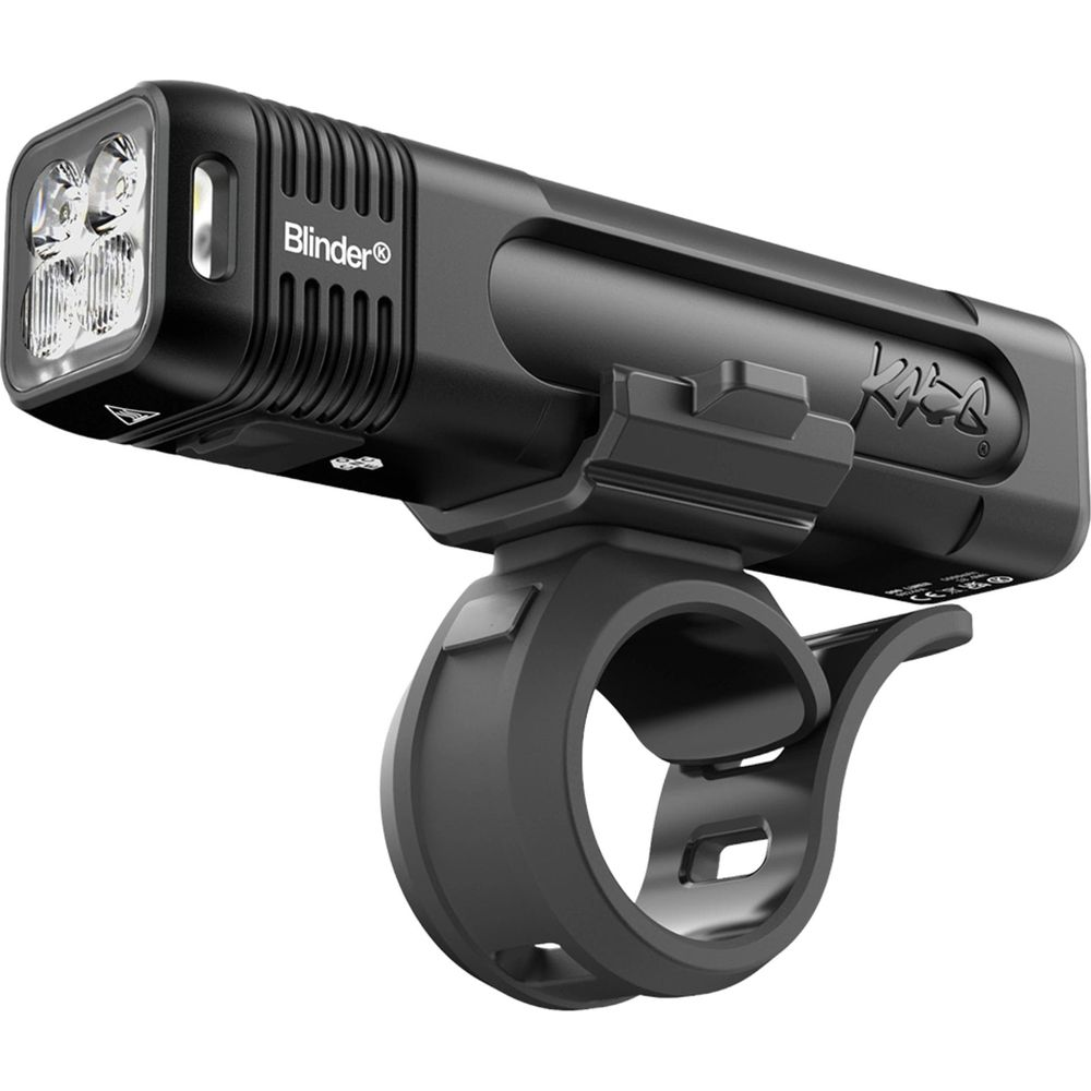 Schwarze Fahrradlampe mit Halterung, vier LEDs vorne.