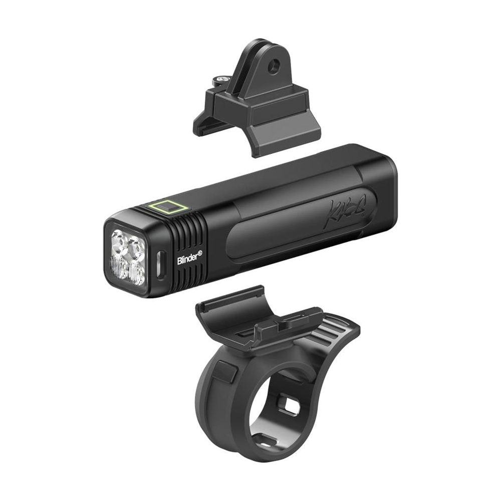 Schwarze Fahrradlampe mit Halterungen und Befestigungsband.