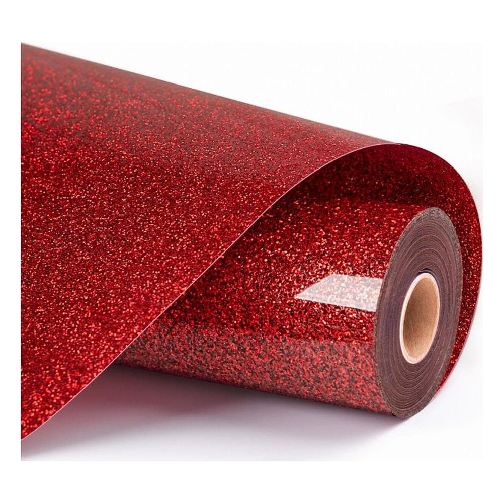 Rotes Glitzer-Vinyl auf einer Rolle, das für Bastelarbeiten verwendet wird.