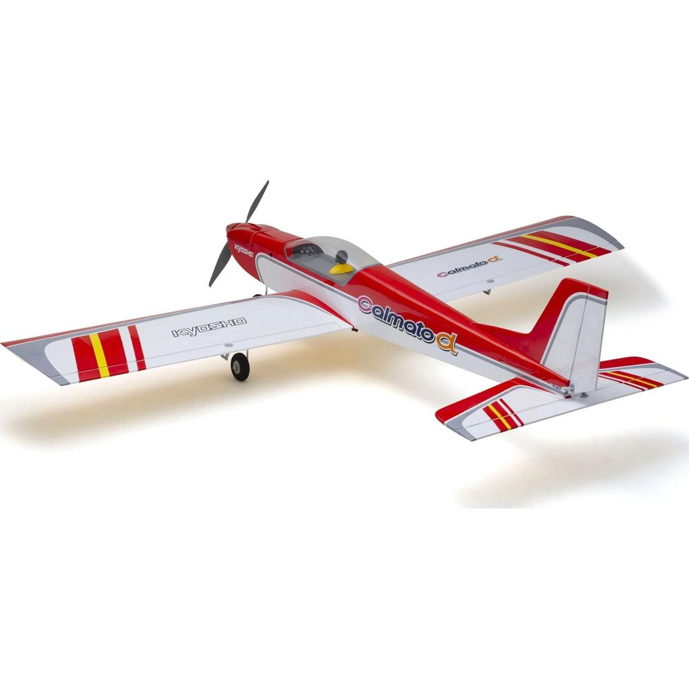 Ein rotes und weißes ferngesteuertes Flugzeug mit gelben Streifen auf weißem Hintergrund.
