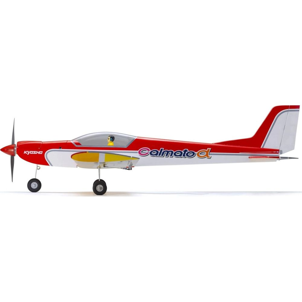 Ein rotes und weißes Modellflugzeug mit gelben Akzenten und dem Schriftzug "Calmato d".