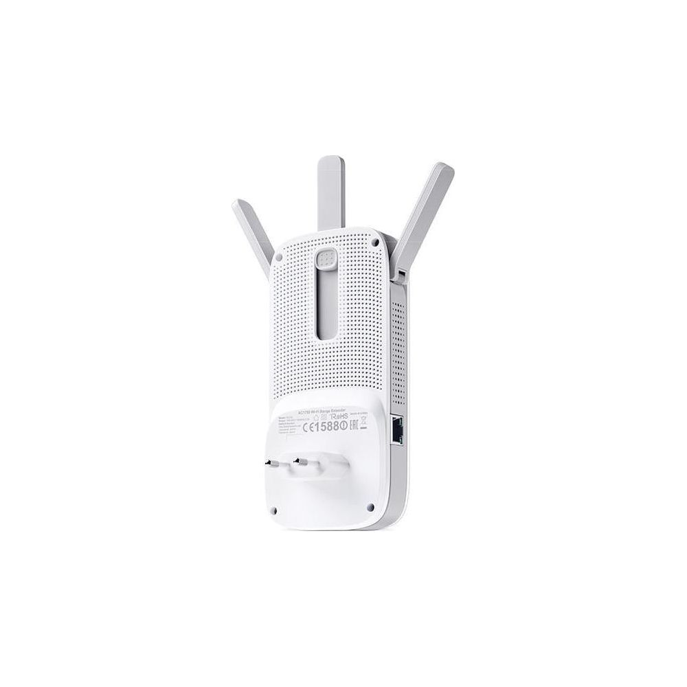 Weißer WLAN-Repeater mit drei Antennen und Steckerkontakten.