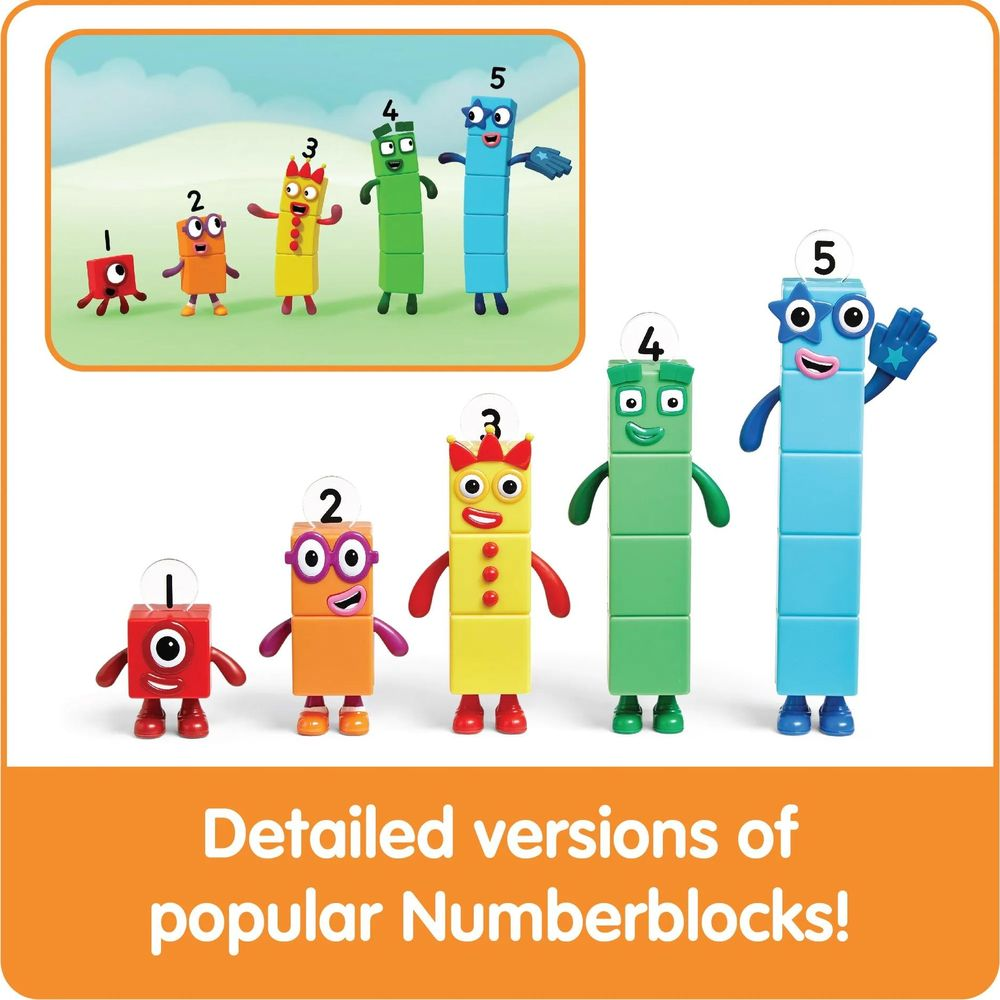 Fünf Numberblocks von 1 bis 5 stehen nebeneinander. Oben sind sie auch zu sehen.
