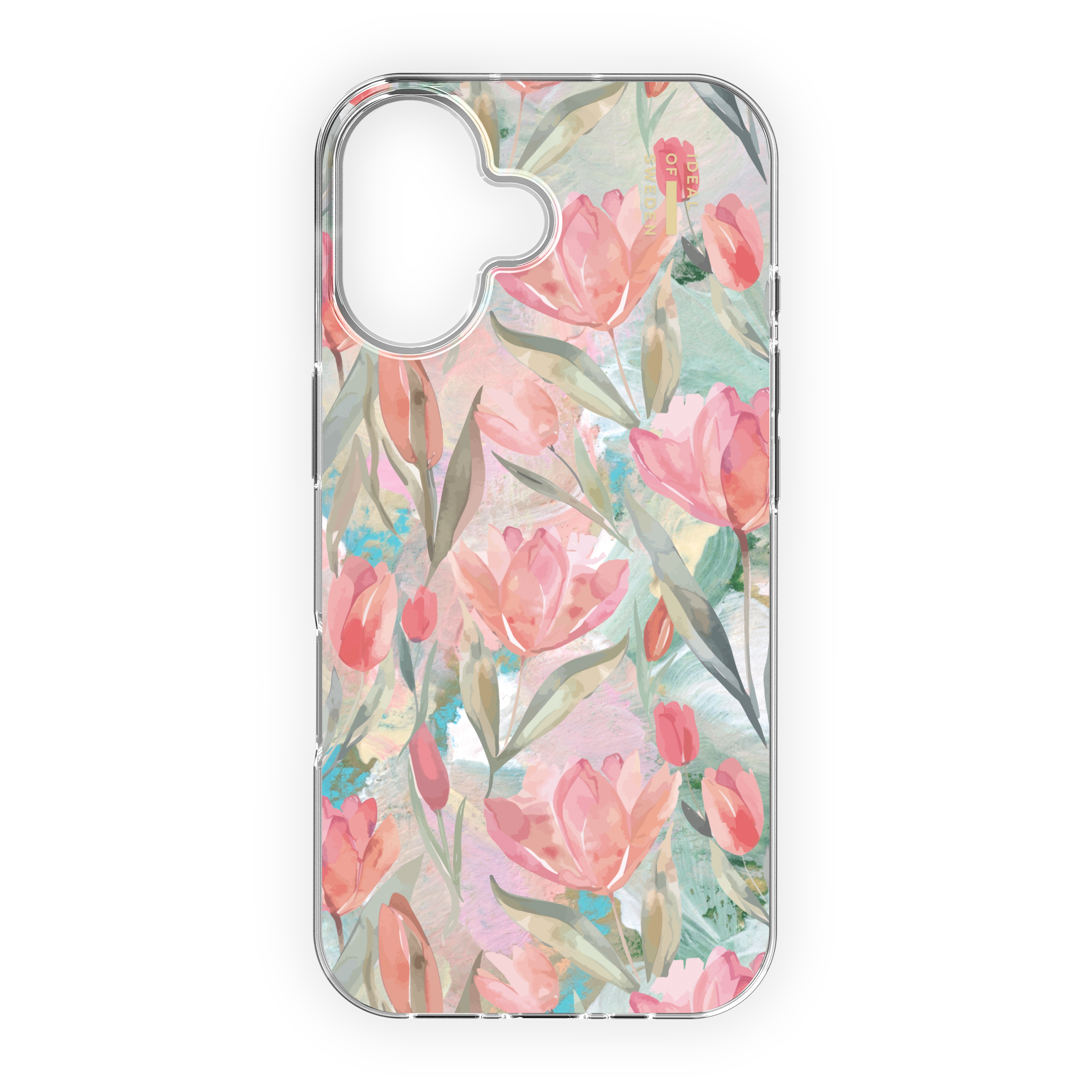 Ein Handyhülle mit rosa Tulpen und grünen Blättern auf einem pastellfarbenen Hintergrund.