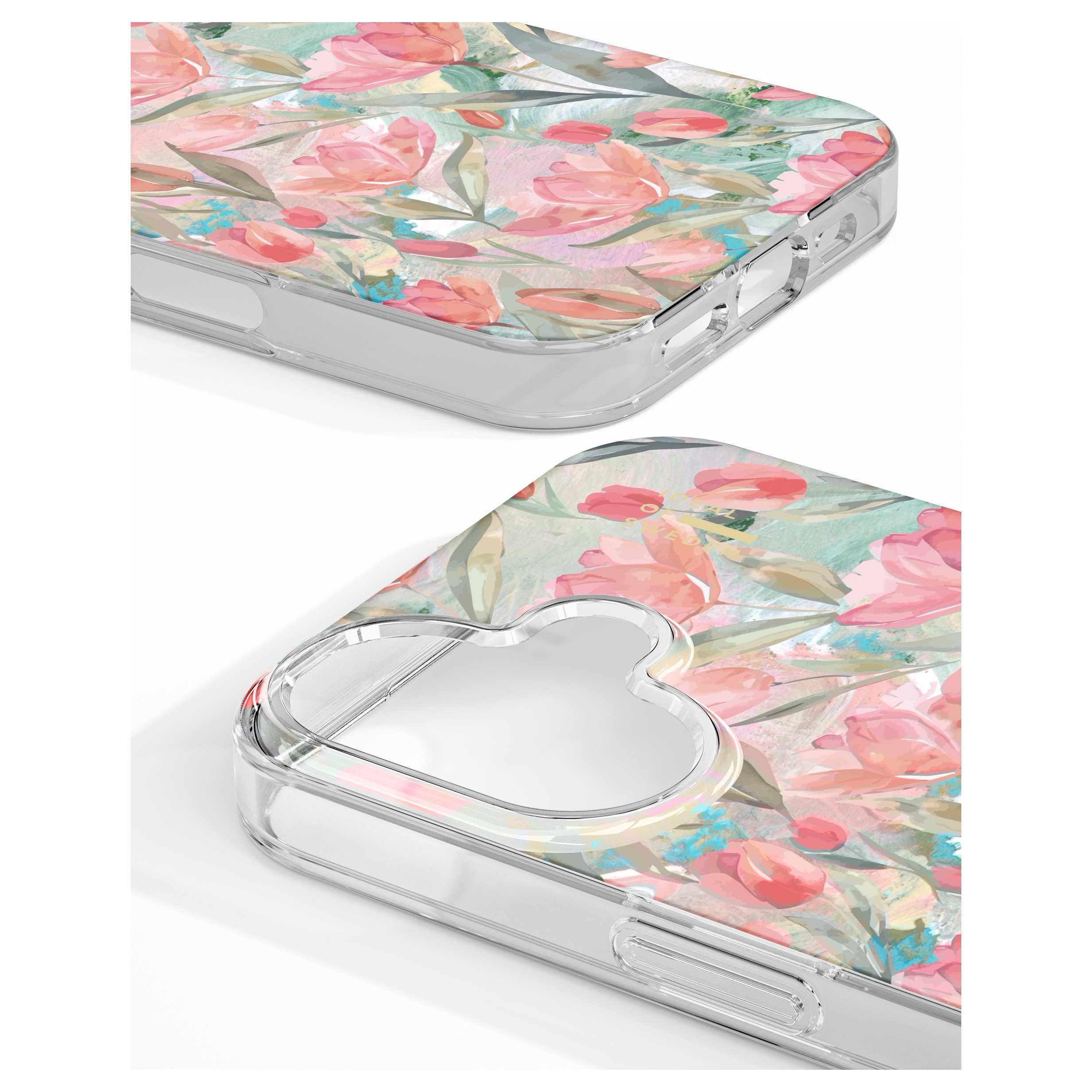 Durchsichtige Handyhülle mit abstraktem Aquarellmuster aus rosa Blumen und grünen Blättern.