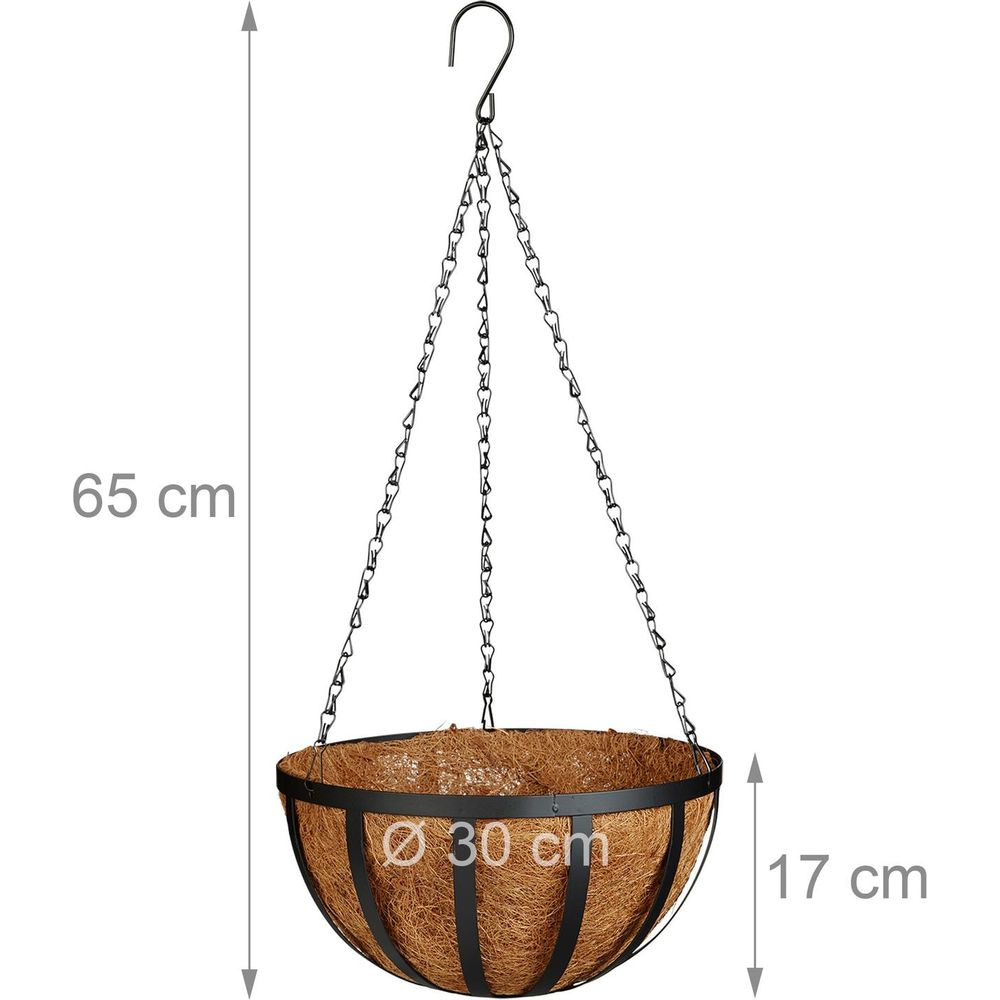 Hängekorb mit Kettenaufhängung, 30 cm Durchmesser, 17 cm tief, 65 cm lang.