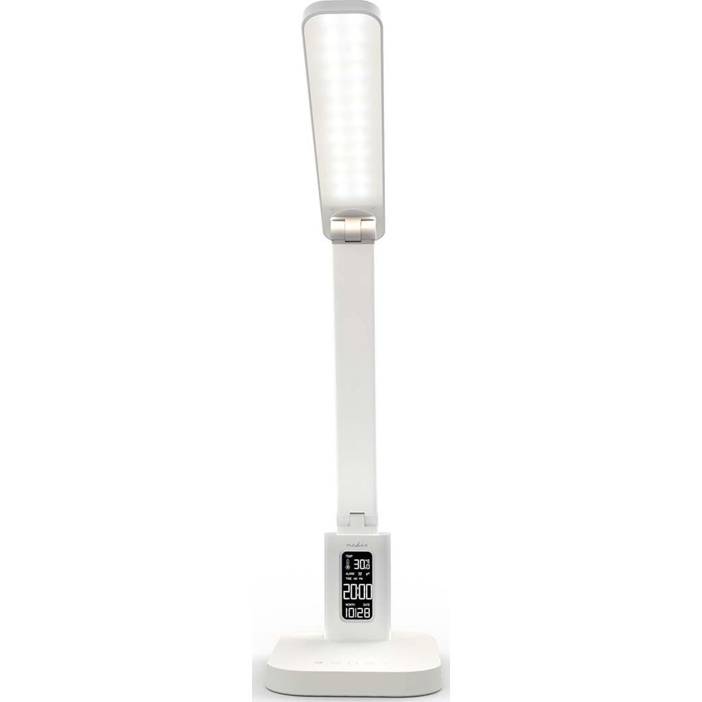 Eine weiße LED-Schreibtischlampe mit digitaler Anzeige unten.