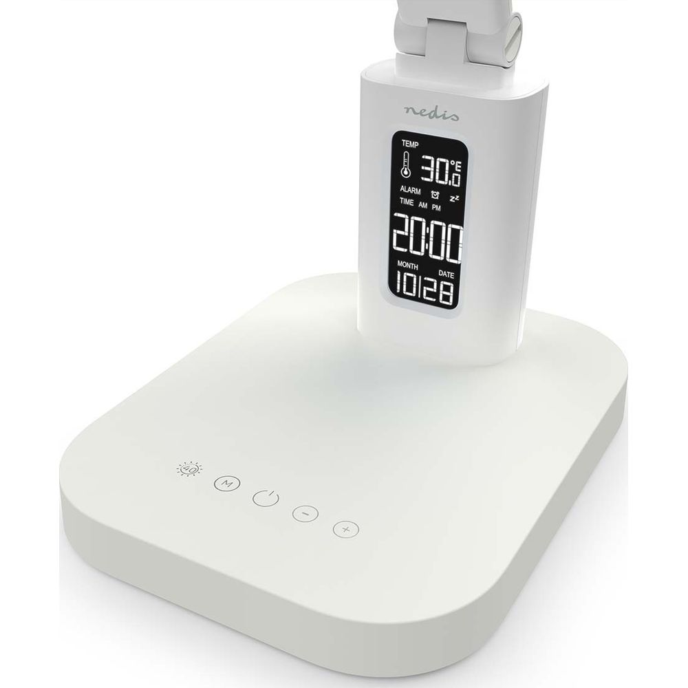Eine weiße Nedis-Lampe mit digitaler Anzeige für Uhrzeit, Datum und Temperatur.