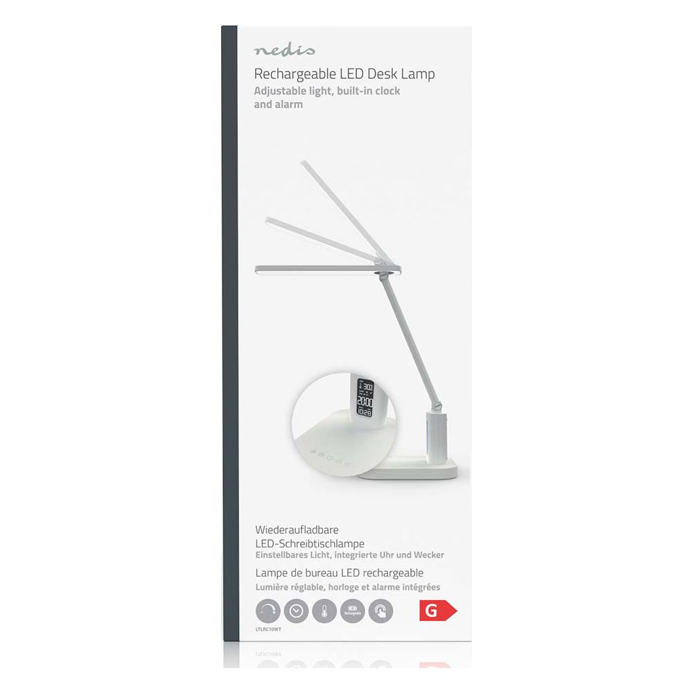 Weiße LED-Schreibtischlampe mit verstellbarem Arm und digitaler Anzeige.