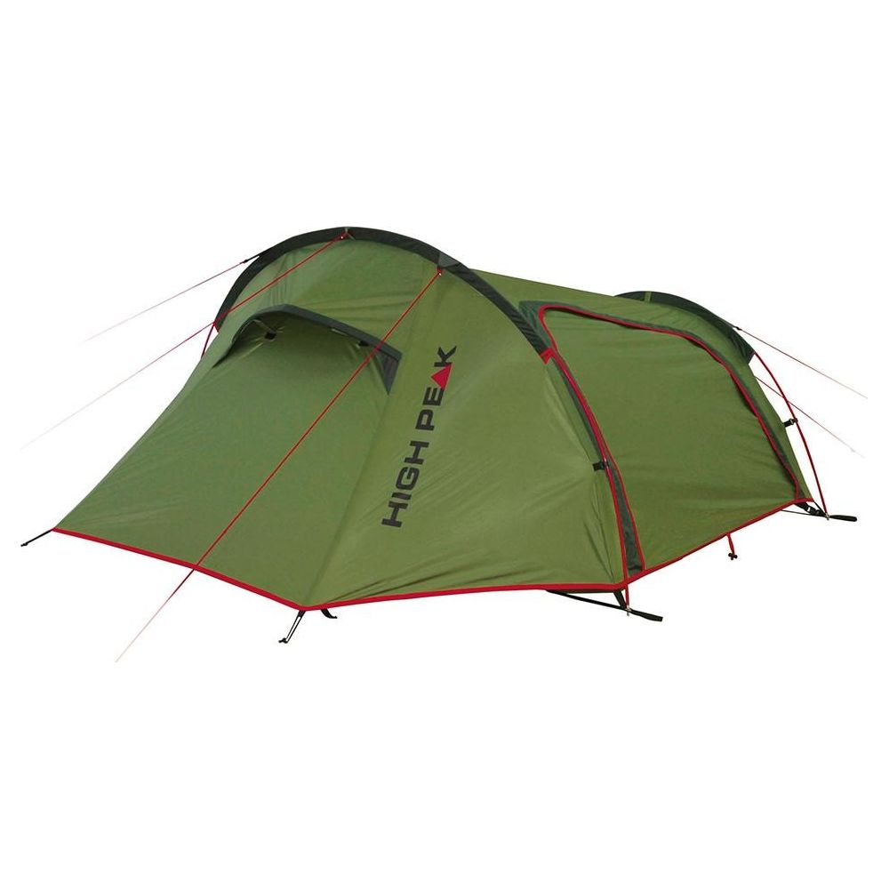 Ein grünes Zelt mit der Aufschrift HIGH PEAK, mit roten Akzenten.
