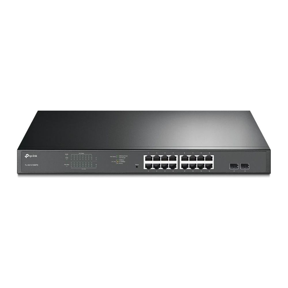Ein schwarzer TP-Link TL-SG1218MP Netzwerk-Switch mit 16 PoE+-Ports und 2 SFP-Ports.