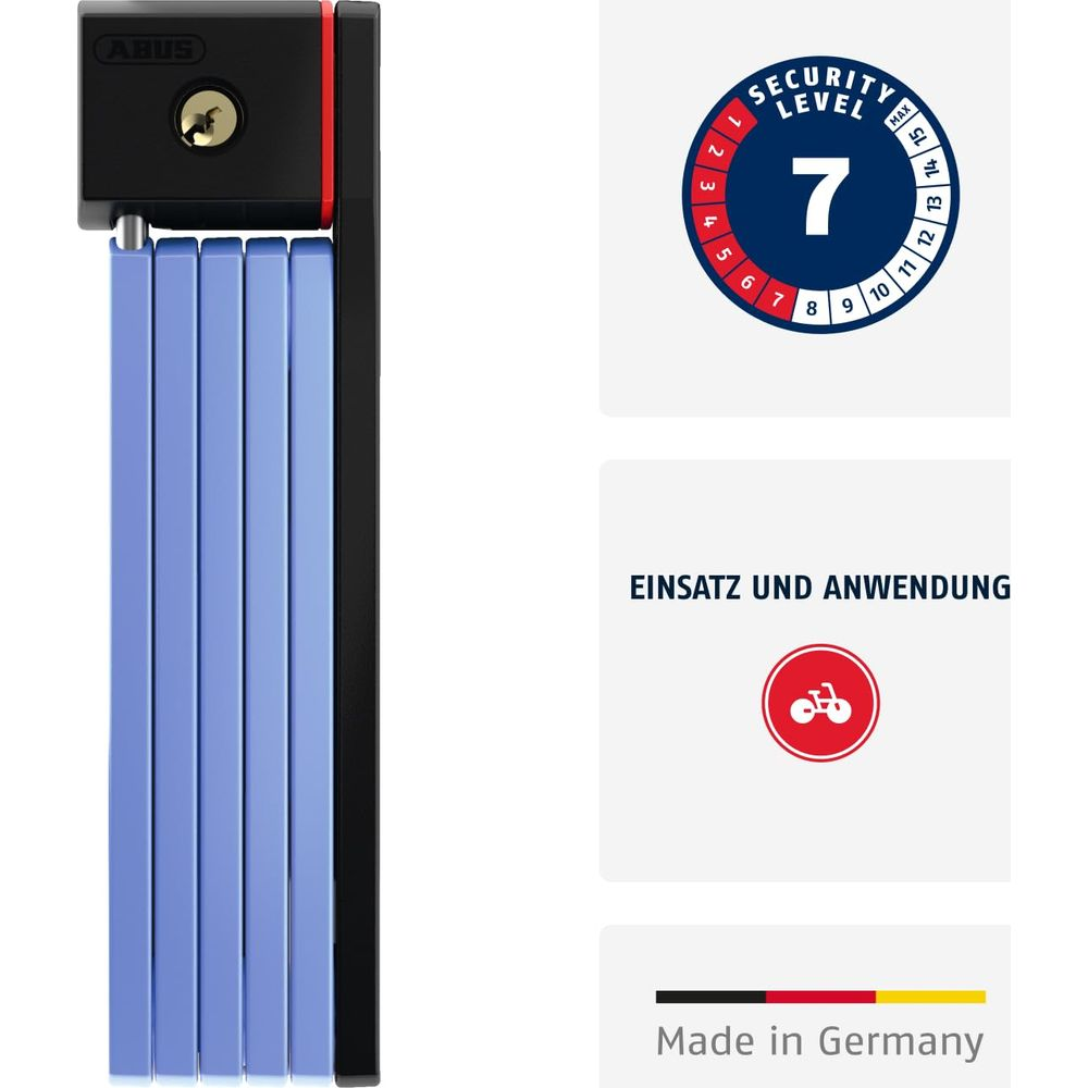 Ein blaues Faltschloss mit schwarzem Gehäuse und einem Sicherheitsschild mit Stufe 7.