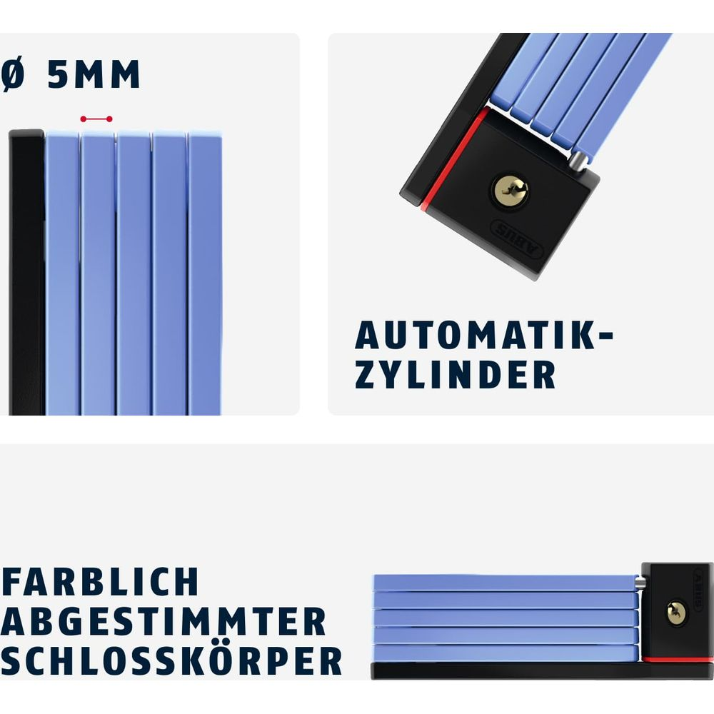 Ein Faltschloss mit blauen Gliedern und schwarzem Schlosskörper. Ø 5MM.