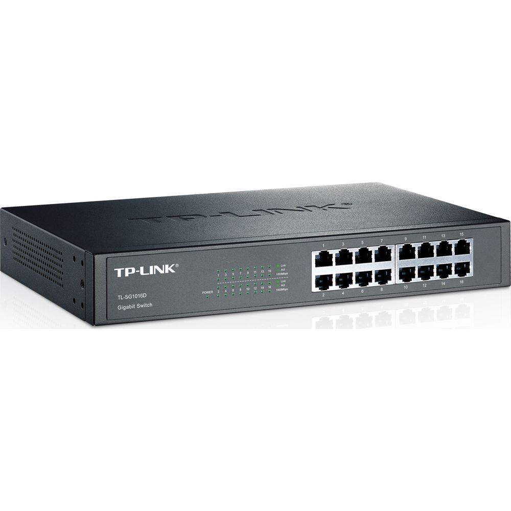 Ein schwarzer TP-Link TL-SG1016D 16-Port Gigabit-Switch mit Statusleuchten.