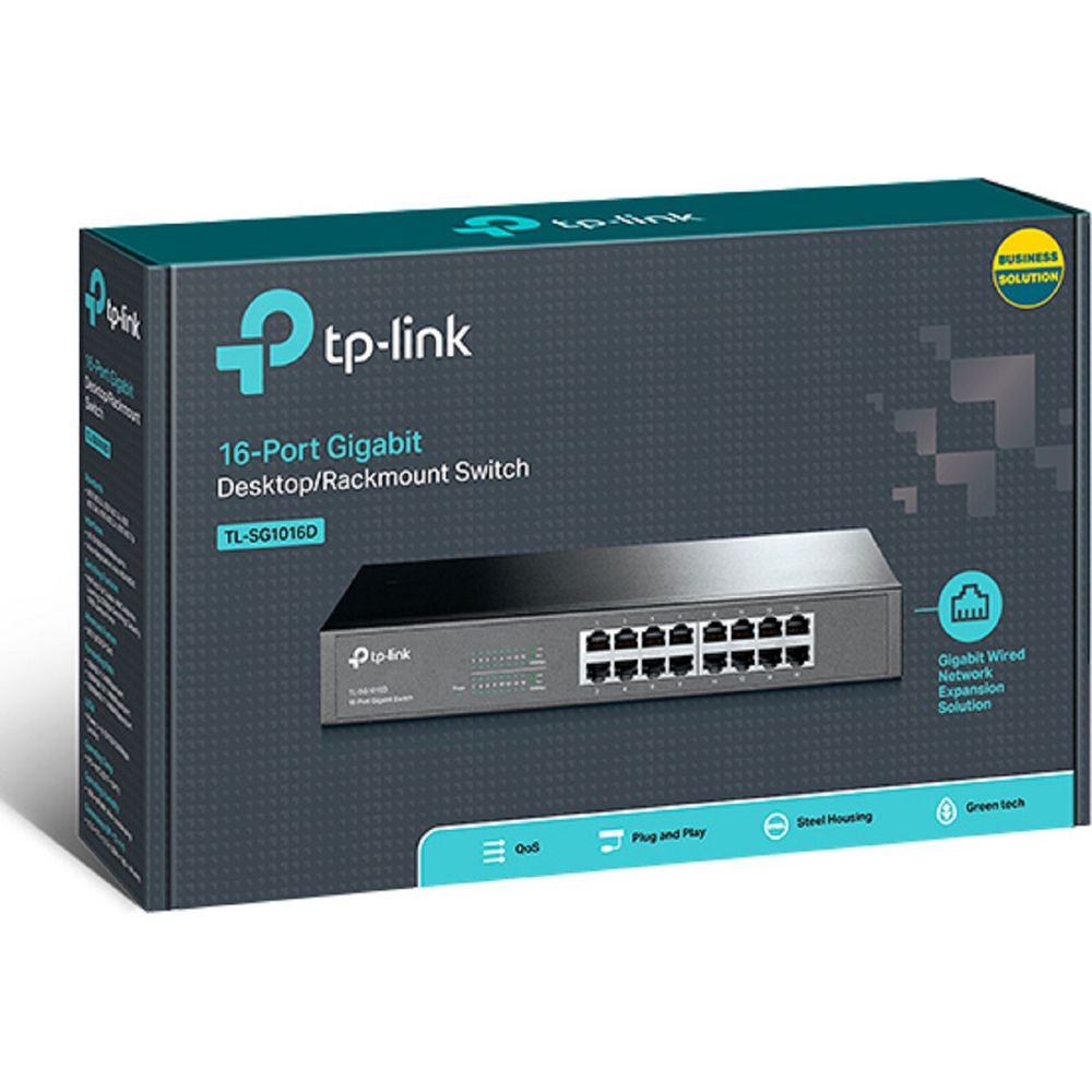 TP-Link 16-Port Gigabit Desktop/Rackmount Switch, Modell TL-SG1016D, auf seiner Schachtel.