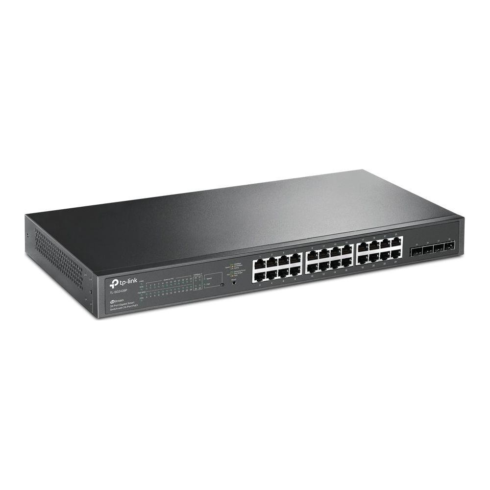 Schwarzer TP-Link 24-Port-Ethernet-Switch mit RJ45-Ports und Kontrollleuchten.