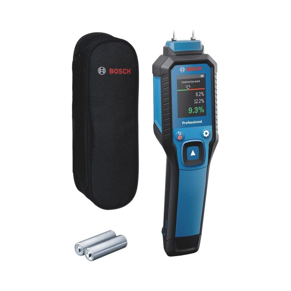Bosch Feuchtigkeitsmesser mit Hülle und Batterien. Digitalanzeige zeigt Prozente.
