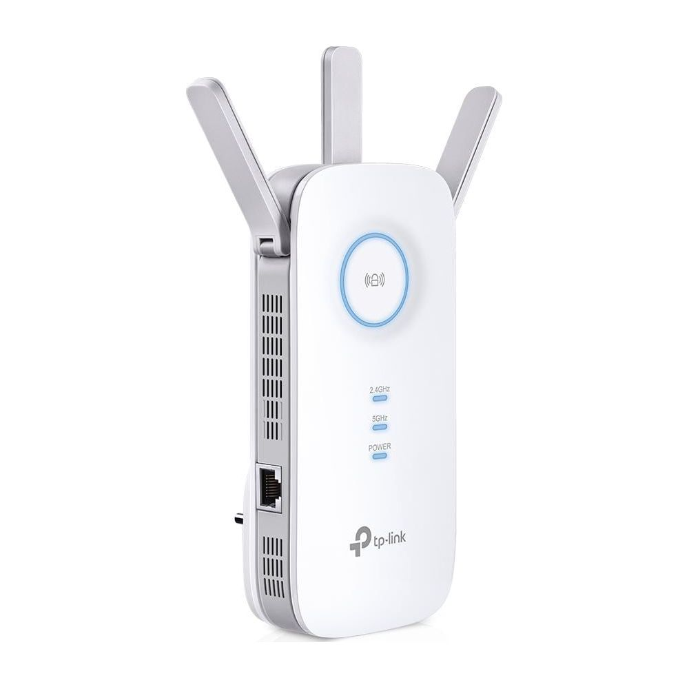 Ein weißer TP-Link WLAN-Repeater mit Antennen und Status-LEDs.