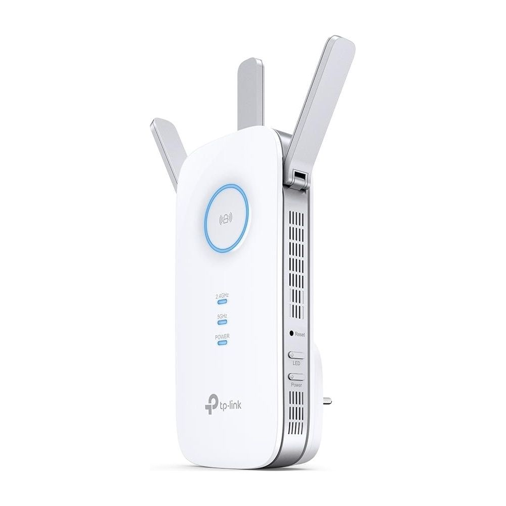 Weißer TP-Link WLAN-Repeater mit 3 Antennen, blauem Ringlicht und Status-LEDs.