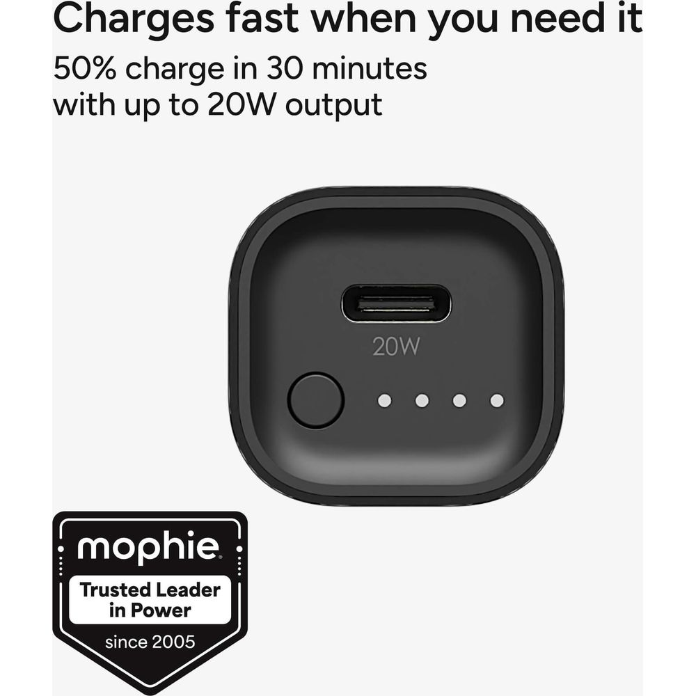 Schwarzes Mophie Ladegerät mit USB-C-Port und Ladeanzeige.