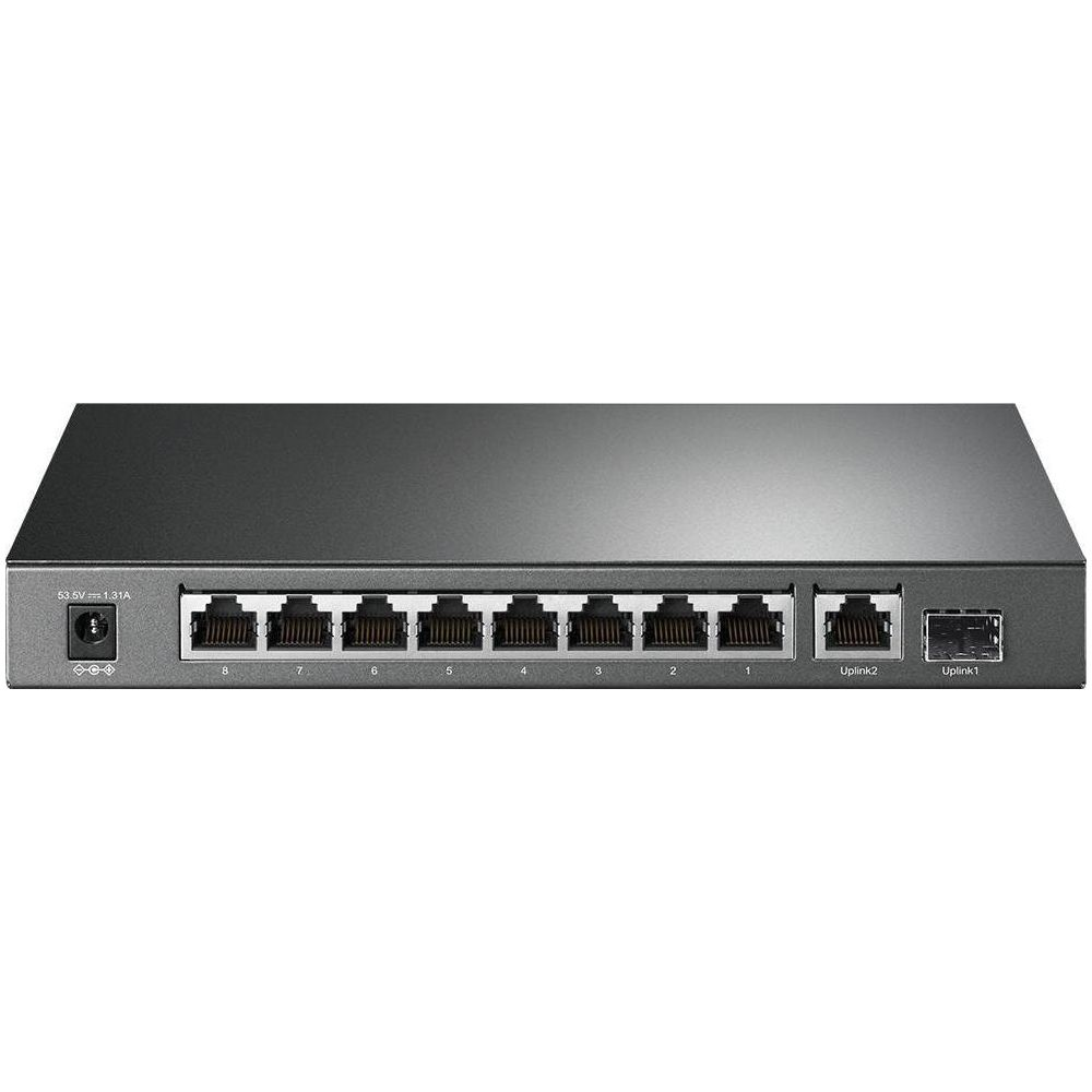 Ein schwarzer Netzwerk-Switch mit 8 Ports (beschriftet 1-8) und zwei Uplink-Ports.