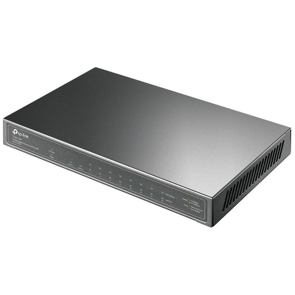 Ein grauer TP-Link Netzwerk-Switch mit vielen LEDs auf der Vorderseite.