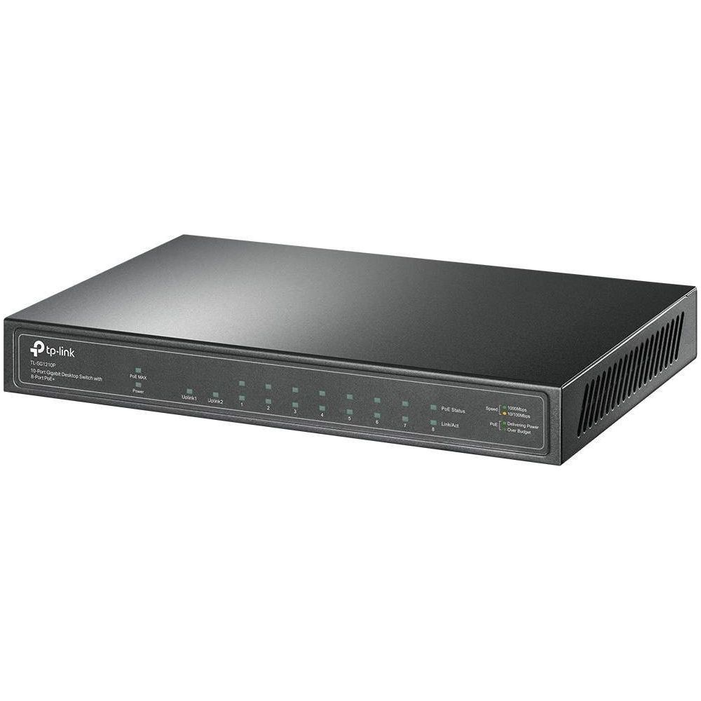 Schwarzer TP-Link Desktop-Switch mit 8 PoE-Ports und LEDs für Statusanzeigen.
