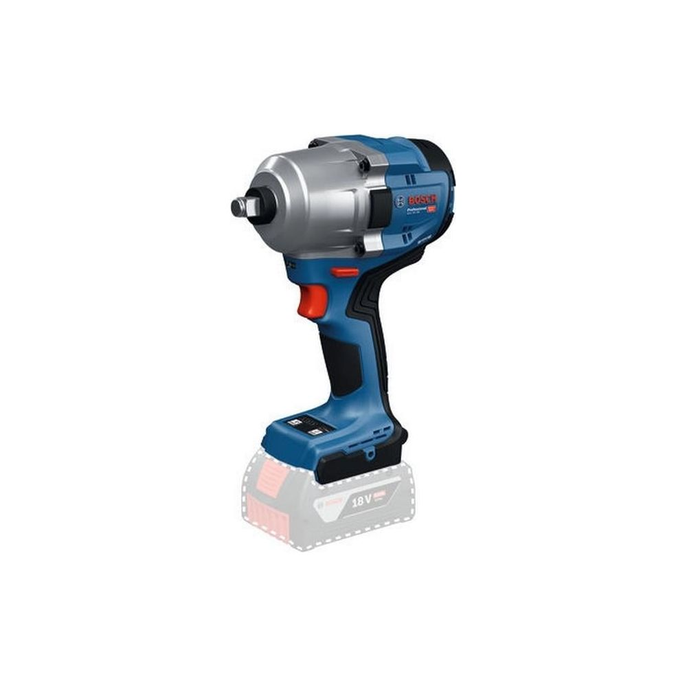 Un avvitatore a percussione Bosch blu e argento con batteria da 18V.