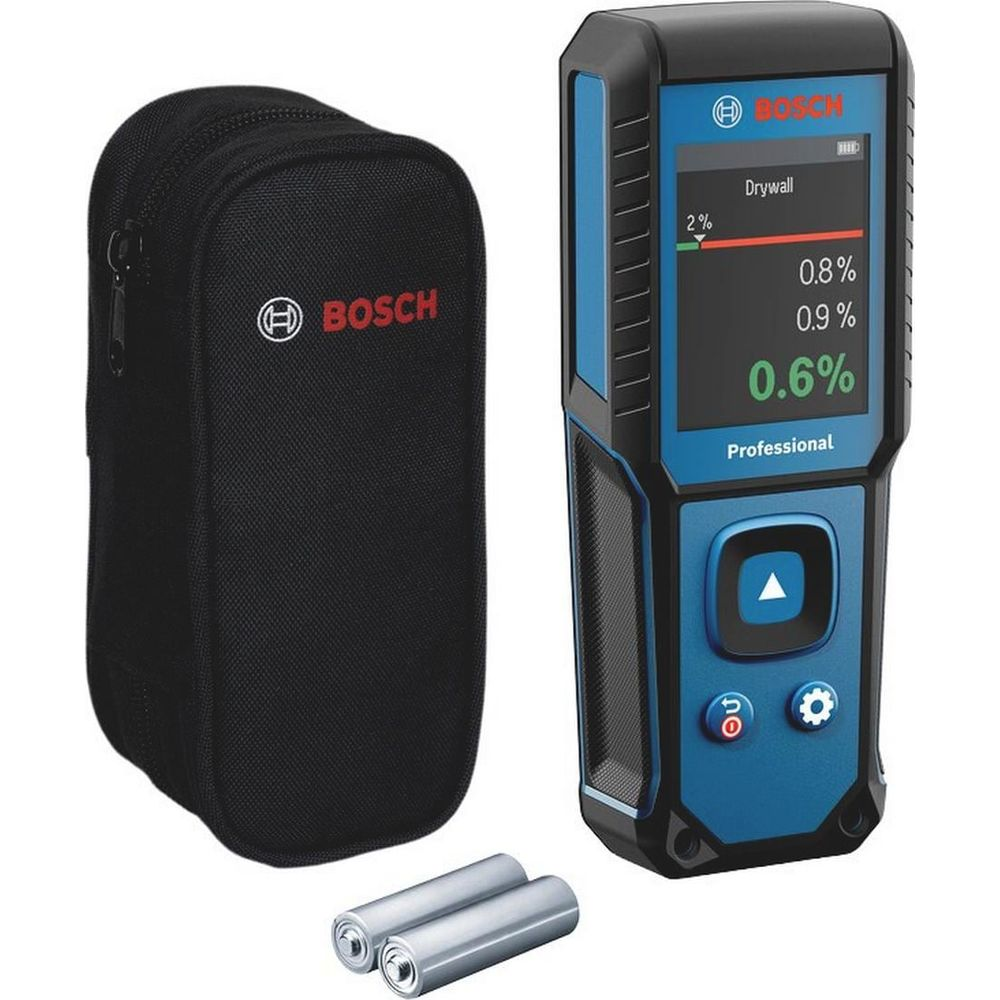 Bosch Profi-Feuchtigkeitsmesser mit Hülle und Batterien. Digitalanzeige zeigt Werte an.