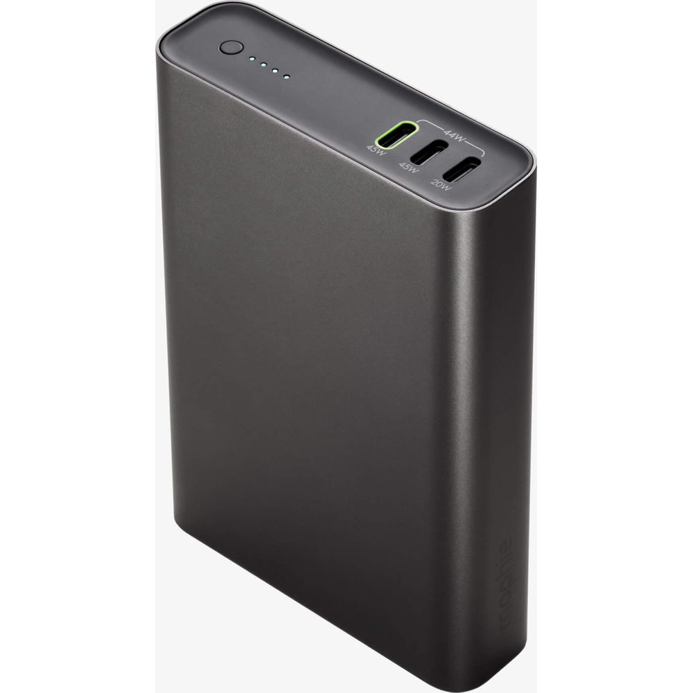 Power bank Mophie grigio scuro con tre porte USB-C (45W, 45W, 20W).