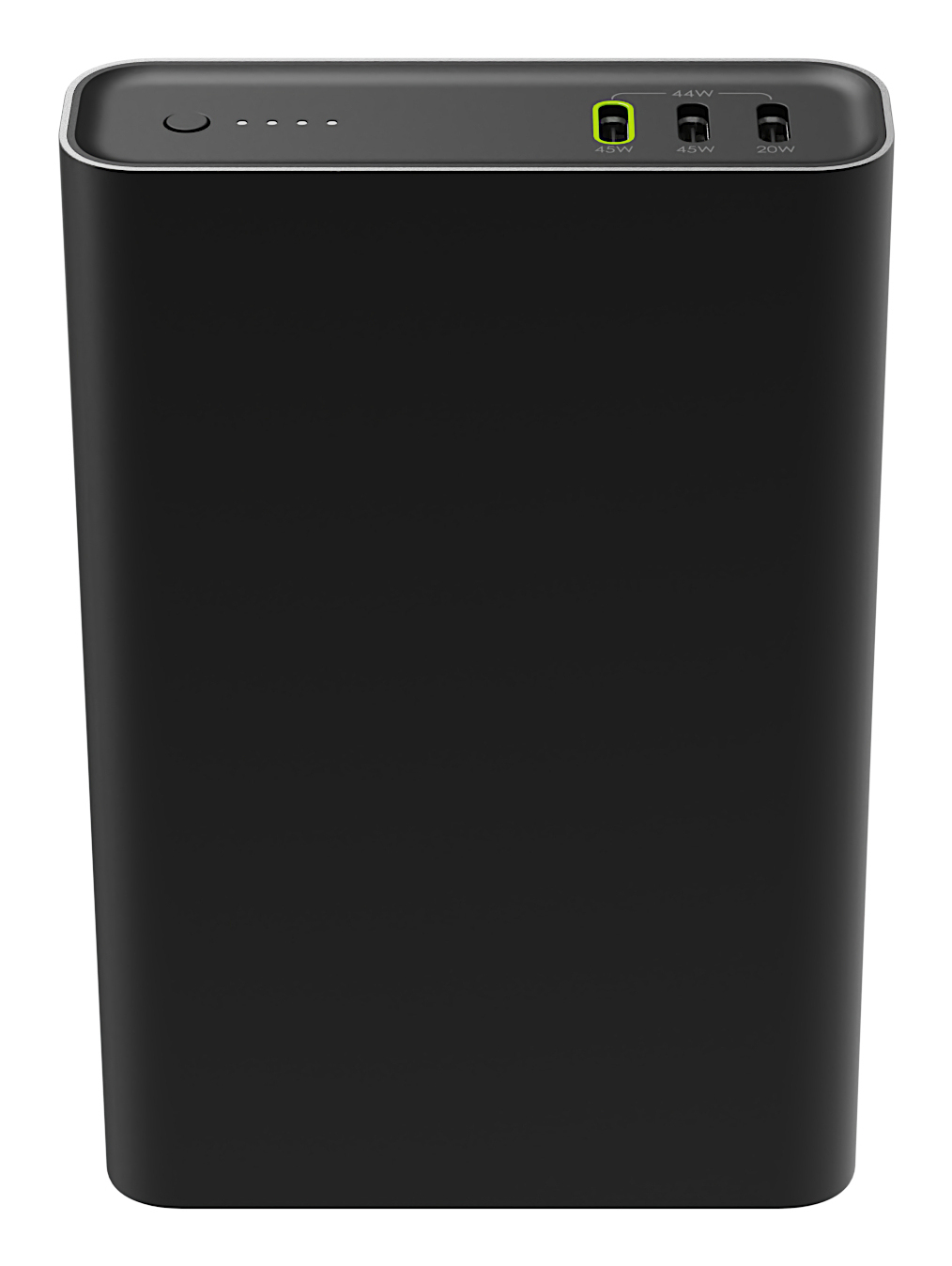 Power bank nero con spie di carica e tre porte USB-C.