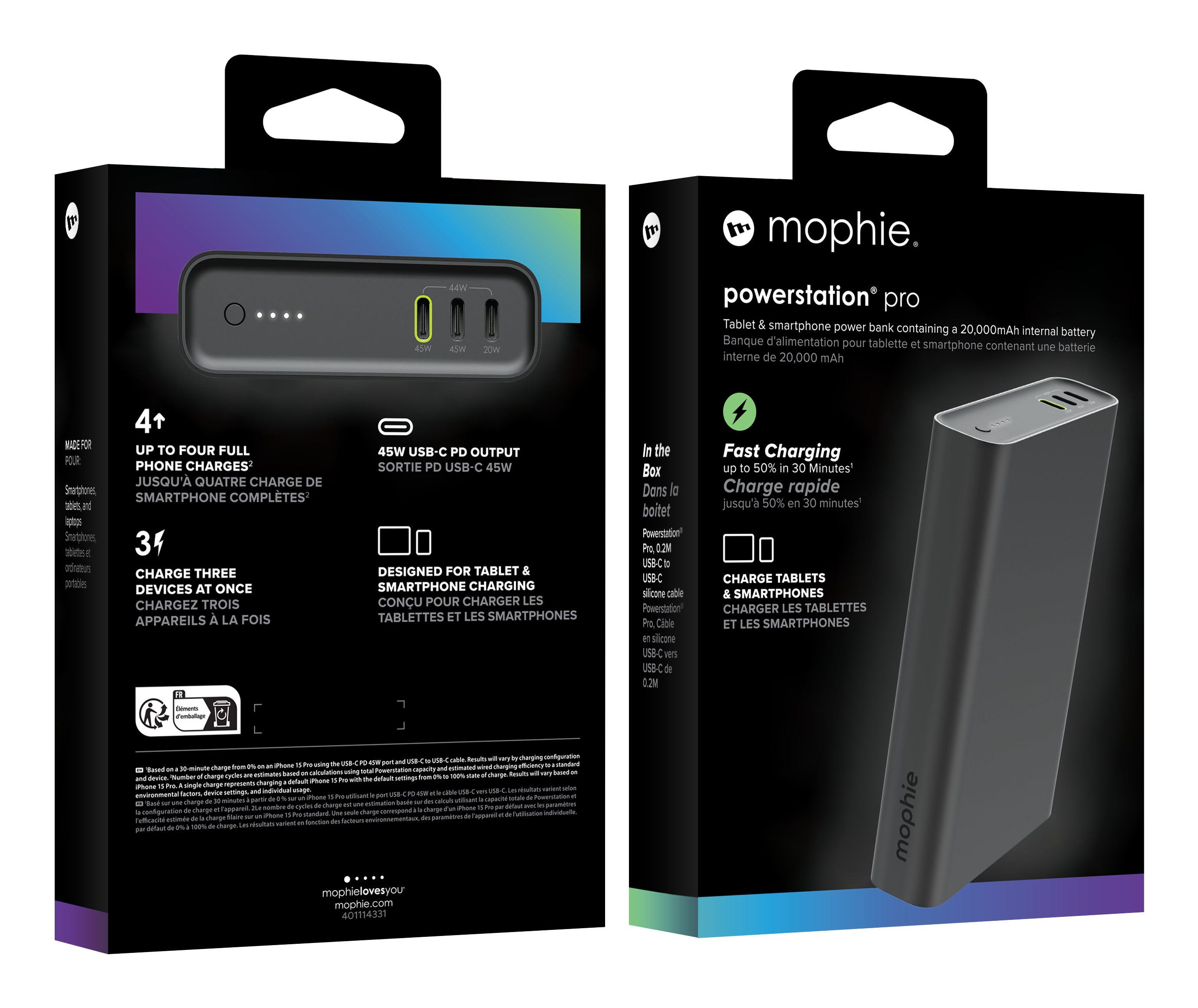 Power bank Mophie Powerstation Pro da 20.000 mAh con USB-C PD 45W, carica 4 dispositivi.