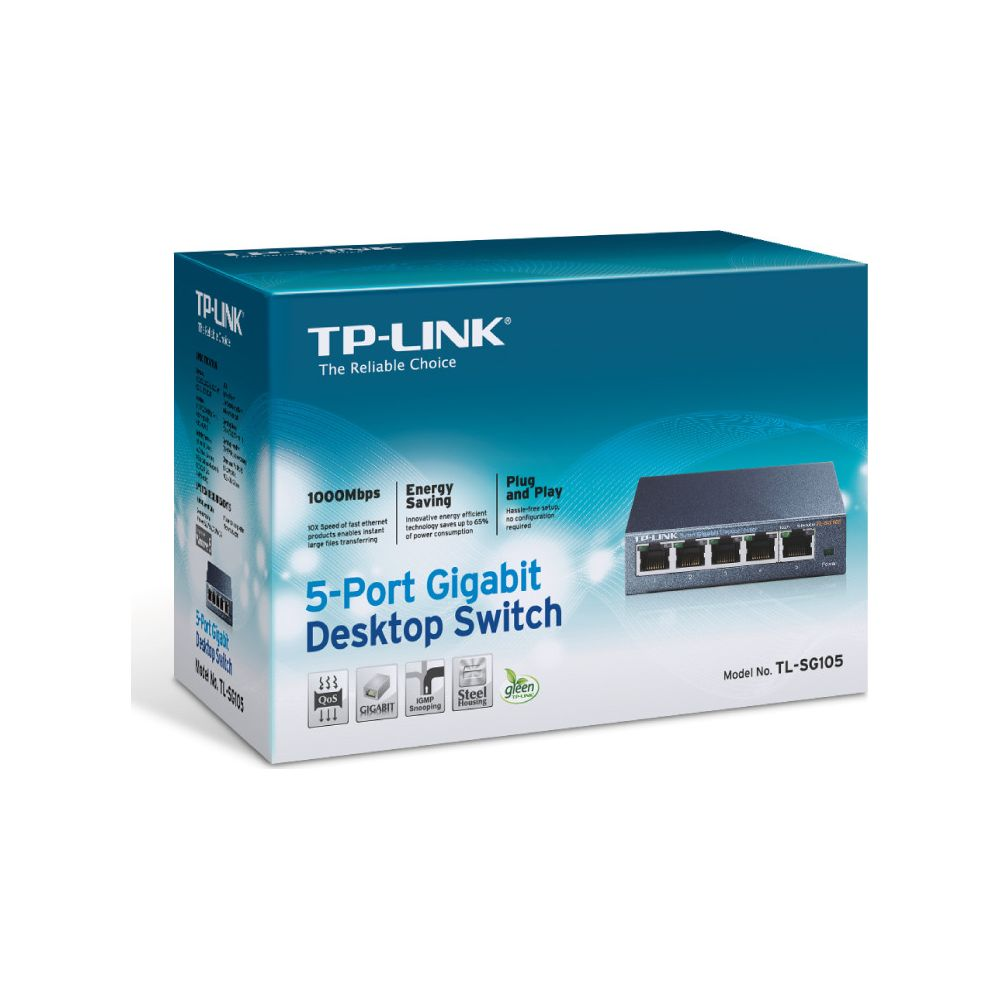 Confezione switch desktop Gigabit TP-Link a 5 porte con immagine prodotto.