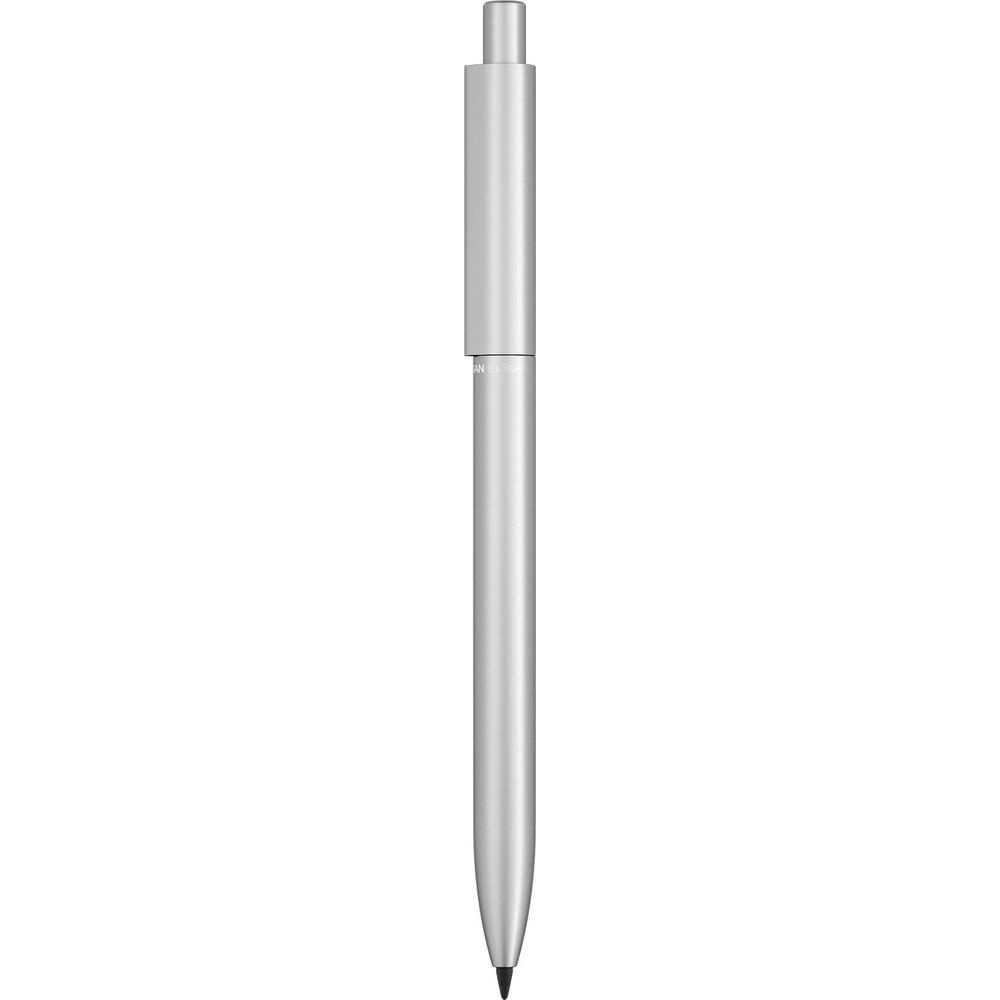 Ein schlanker, silberner Stift mit einem Kappenende und einer Spitze.