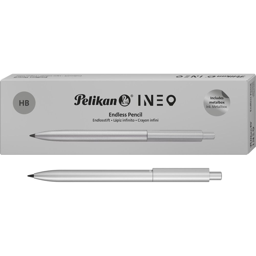 Silberner Pelikan Endless Pencil auf weißem Hintergrund, mit Verpackung.