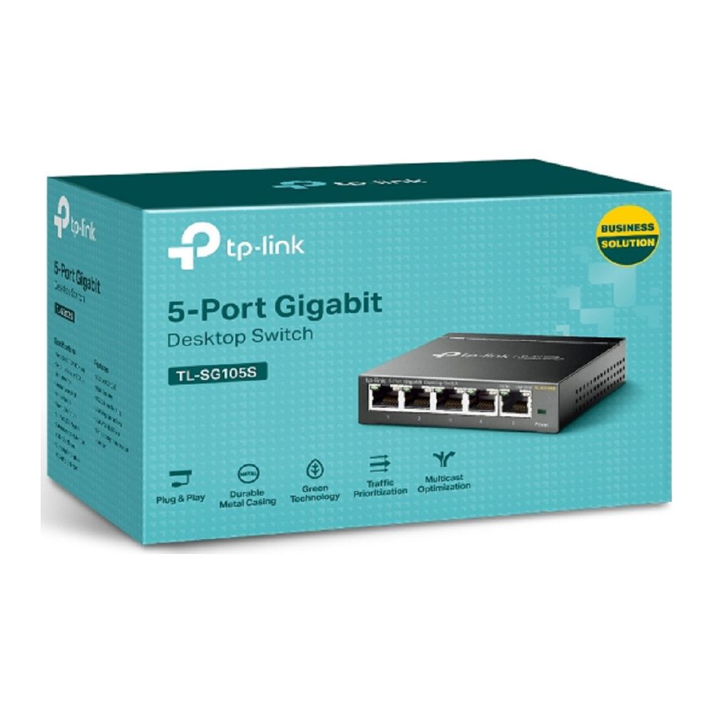 TP-Link 5-Port Gigabit Desktop Switch TL-SG105S Box mit Switch und Icons.