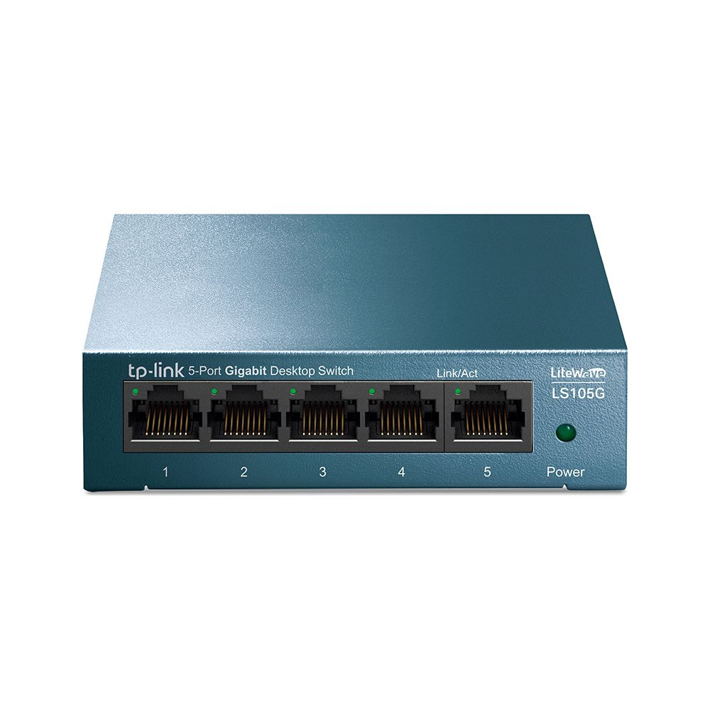 Ein türkiser TP-Link 5-Port Gigabit Desktop-Switch mit fünf Ethernet-Anschlüssen und Power-Knopf.