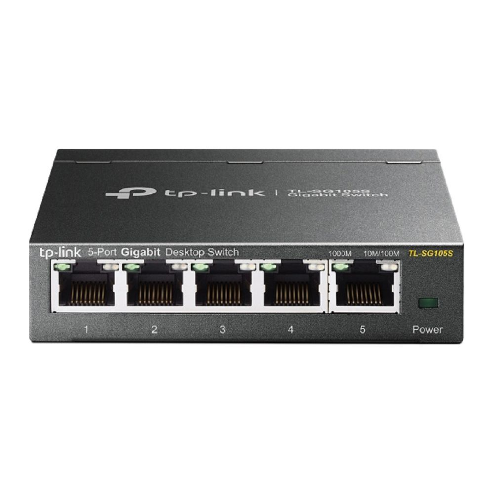 Ein grauer TP-Link 5-Port Gigabit Desktop Switch mit Ethernet-Ports und Power-Anzeige.